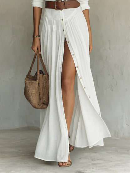 Robe Maxi Longue avec Col Revers et Manches Longues en Lin pour Femme