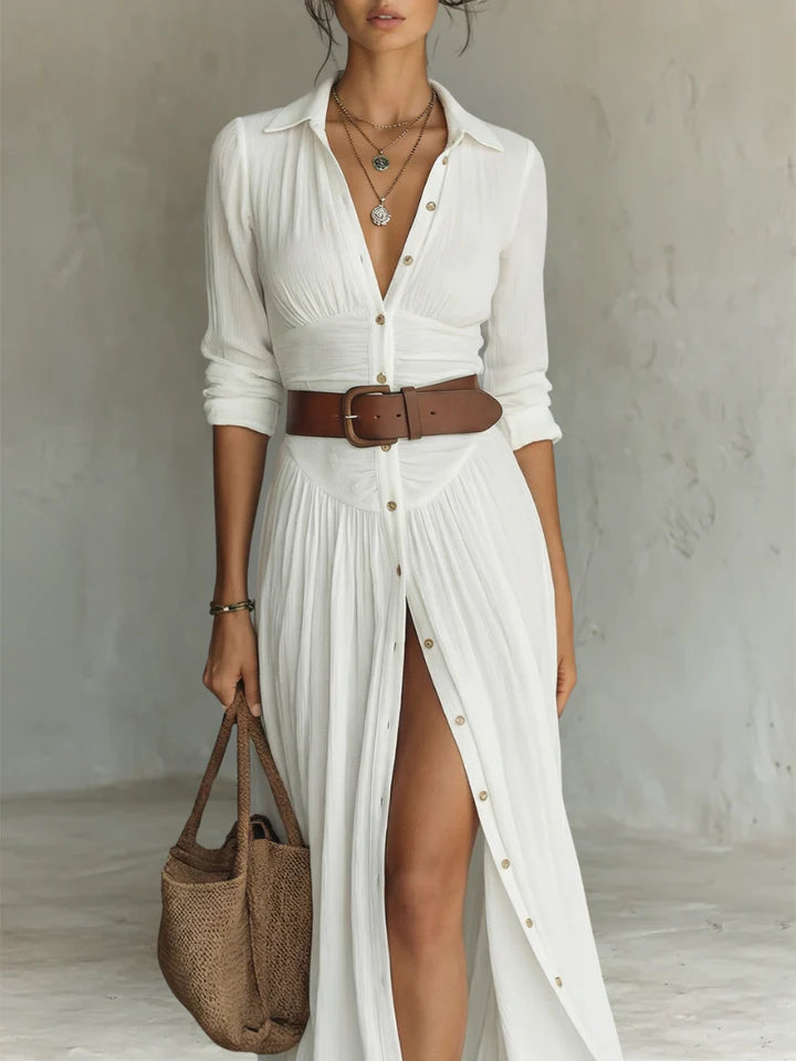 Robe Maxi Longue avec Col Revers et Manches Longues en Lin pour Femme