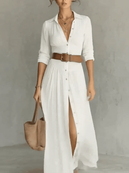 Robe Maxi Longue avec Col Revers et Manches Longues en Lin pour Femme