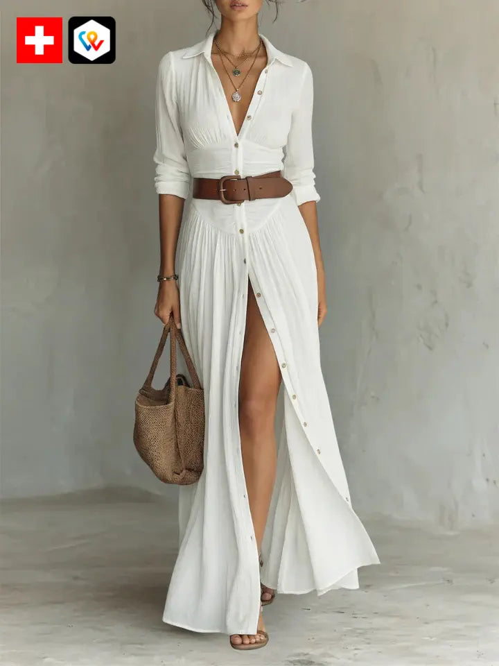 Robe Maxi Longue avec Col Revers et Manches Longues en Lin pour Femme