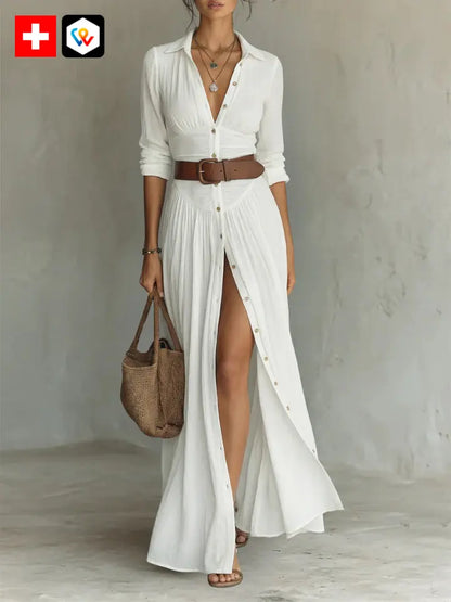 Robe Maxi Longue avec Col Revers et Manches Longues en Lin pour Femme