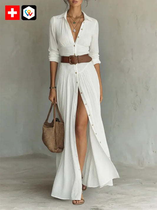 Robe Maxi Longue avec Col Revers et Manches Longues en Lin pour Femme